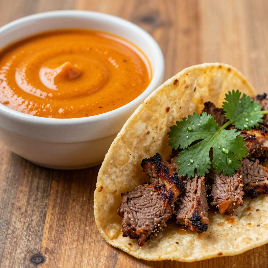 Taco with grilled meat and cilantro, served with a bowl of orange sauce, on a wooden surface.