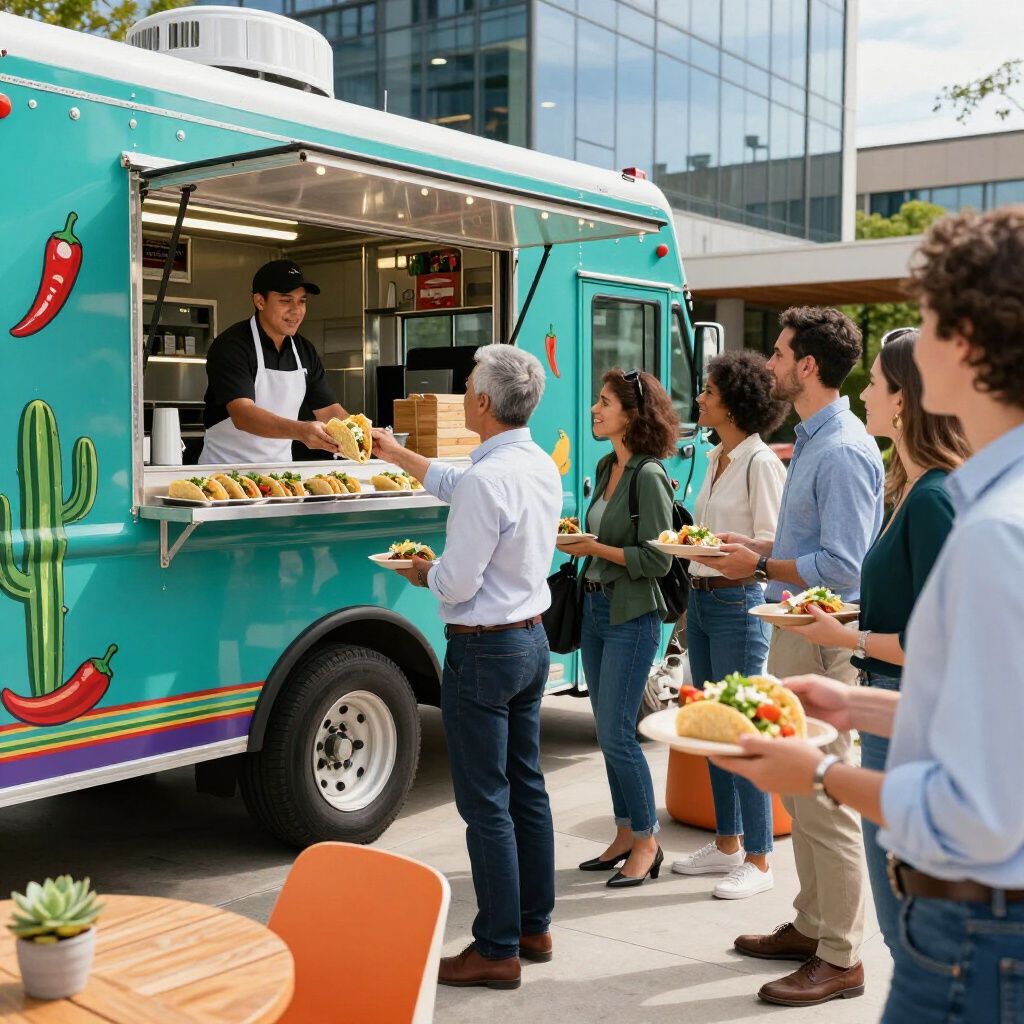 Food truck serving tacos to a diverse group of people; turquoise truck with cactus and chili pepper designs.