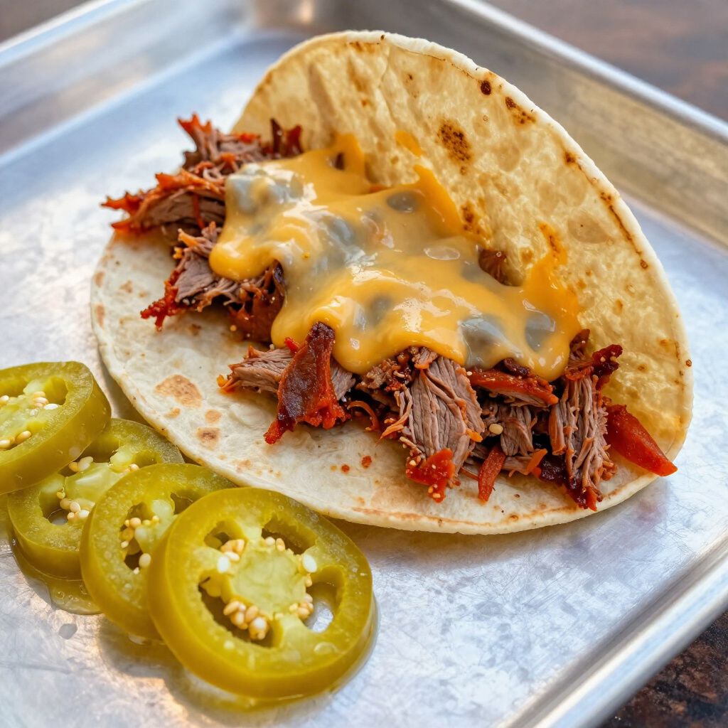Taco with shredded meat and melted orange cheese on a tortilla, served with pickled jalapenos on a metal tray.