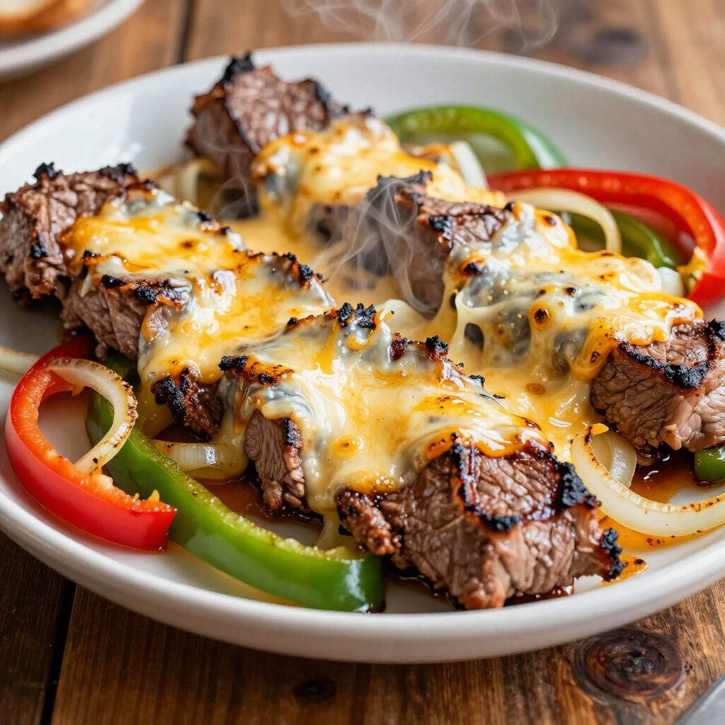 Grilled steak skewers with melted cheese, peppers, and onions on a white plate.