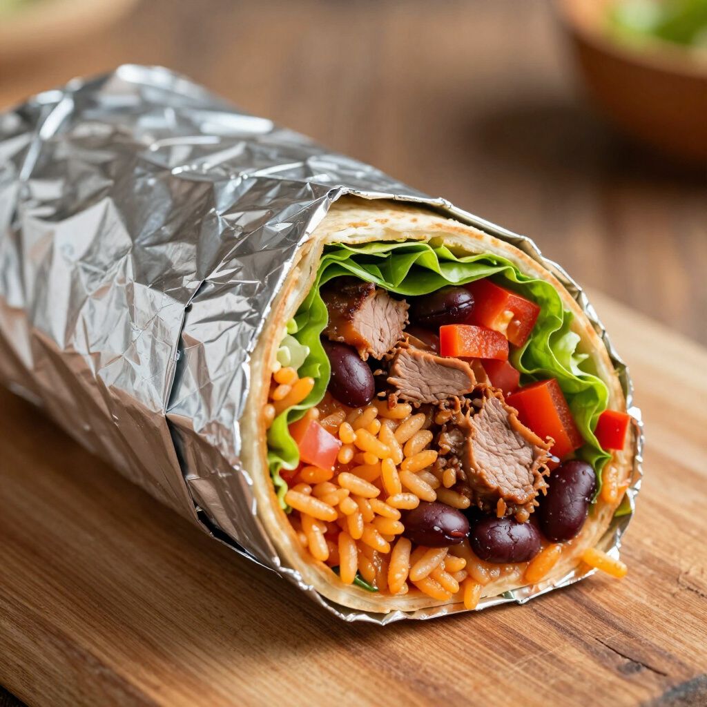 Burrito wrapped in foil, on a wooden board. Visible fillings: rice, meat, beans, lettuce, and red peppers.