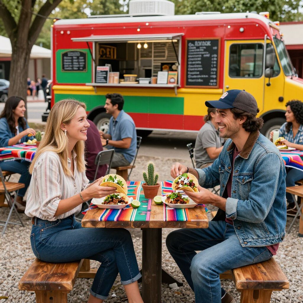 People eating tacos at a table in front of a colorful food truck.