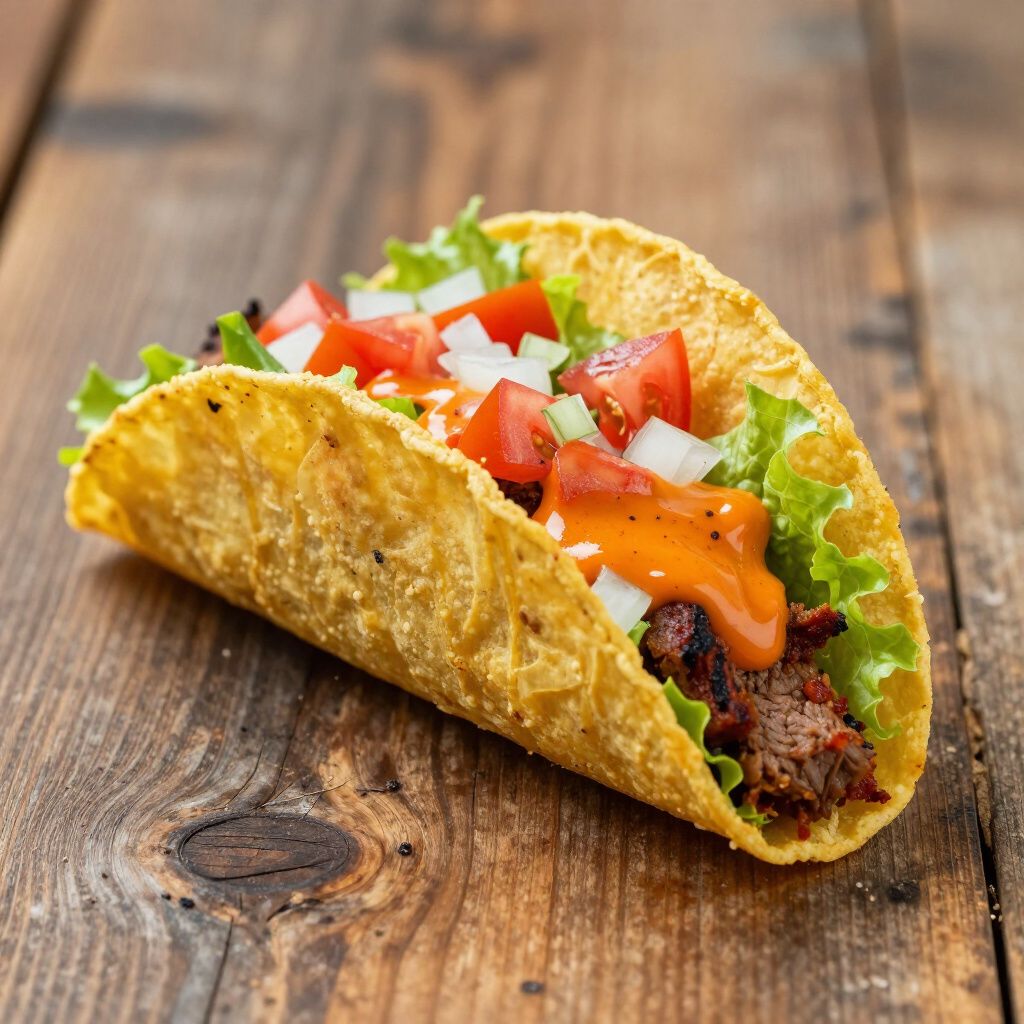 Taco in a yellow hard shell, filled with lettuce, tomatoes, onions, meat, and sauce, on a wooden surface.