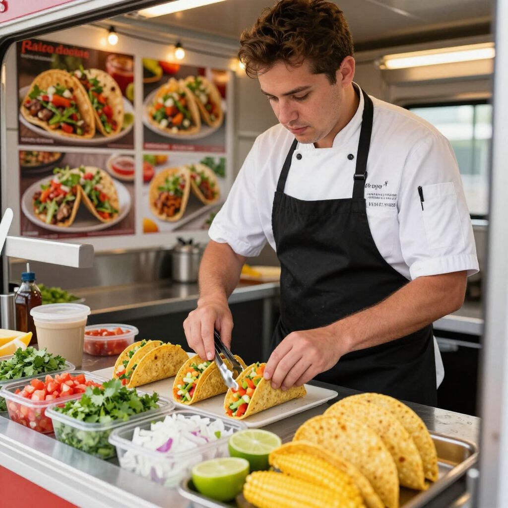 Chef preparing tacos at a food truck, ingredients and taco photos displayed.