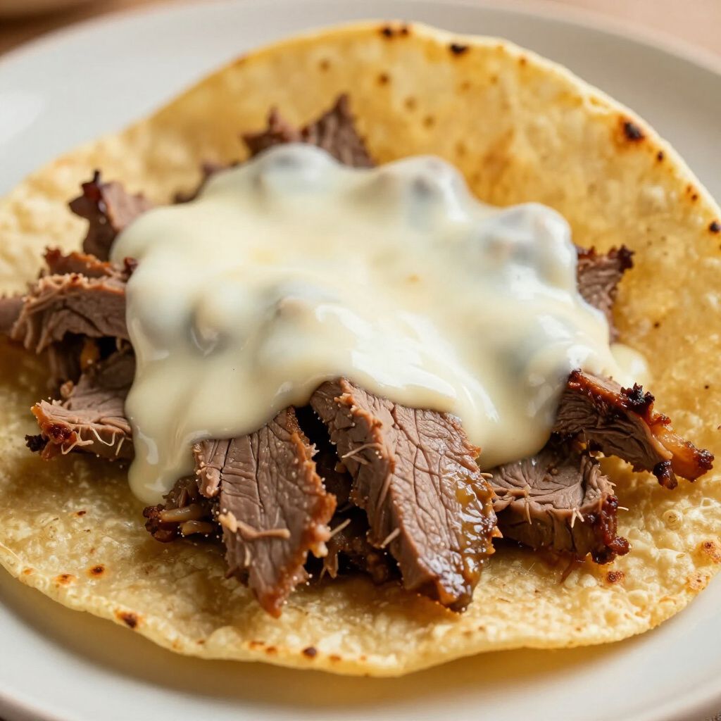 Beef and melted cheese on a yellow corn tortilla, served on a white plate.
