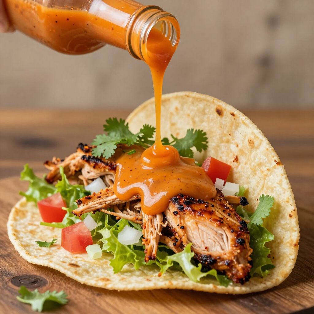 Taco with grilled chicken, lettuce, tomato, onion, and cilantro; sauce being poured from a bottle.