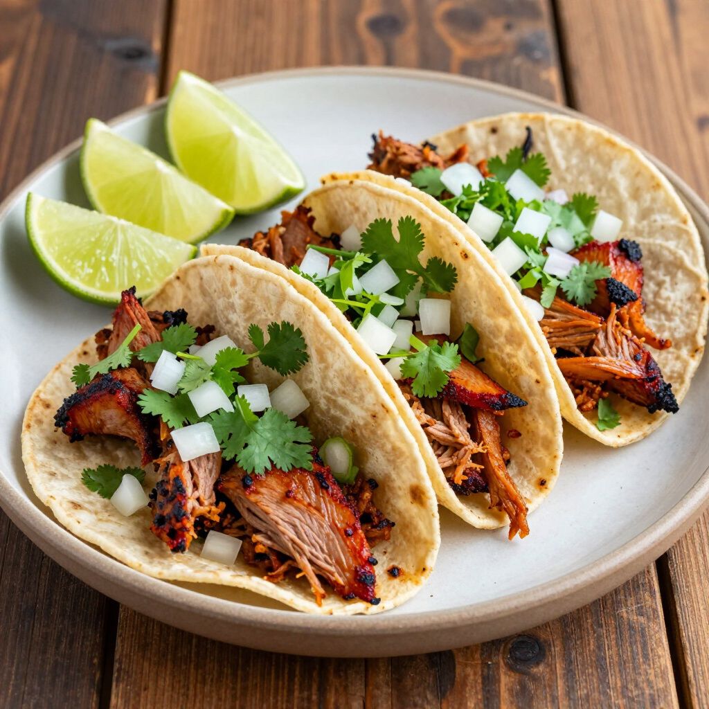 Three tacos filled with meat, topped with onions and cilantro, with lime wedges on a plate.