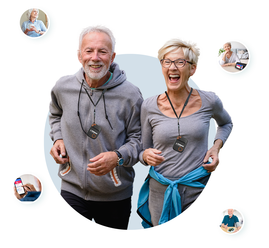 an elderly couple wearing the LifeGuard SmartTracker