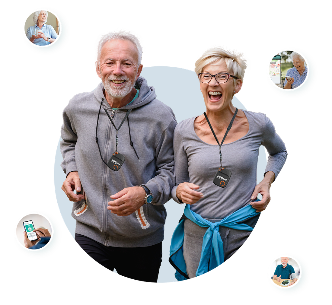 an elderly couple wearing the LifeGuard SmartTracker