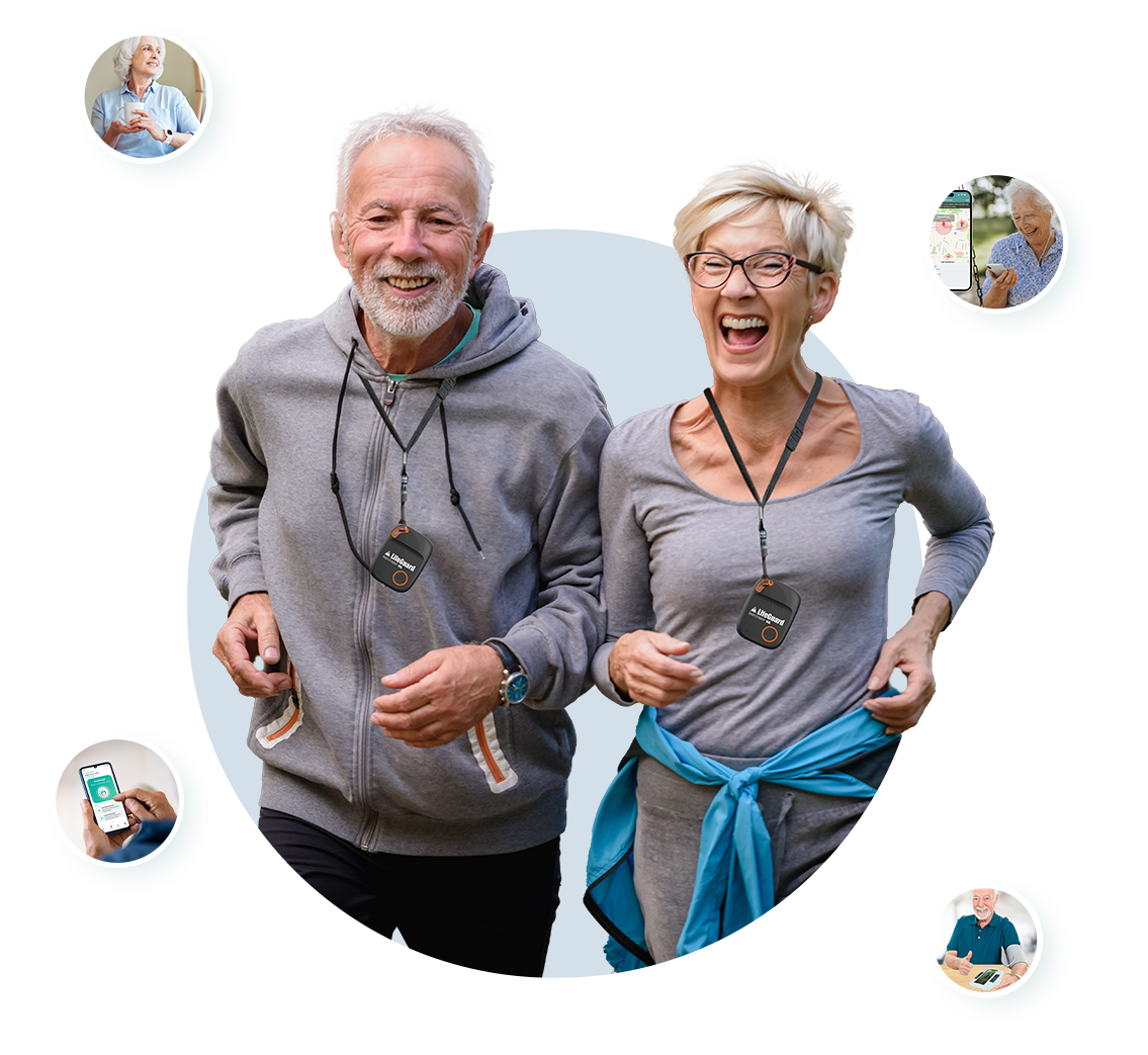 an elderly couple wearing the LifeGuard SmartTracker