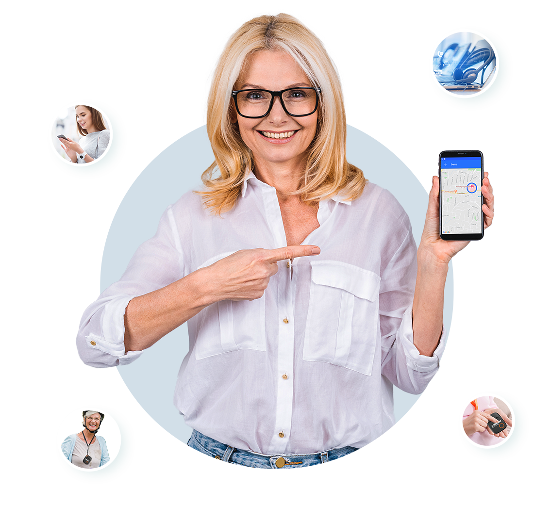 a blonde woman pointing to her smartphone