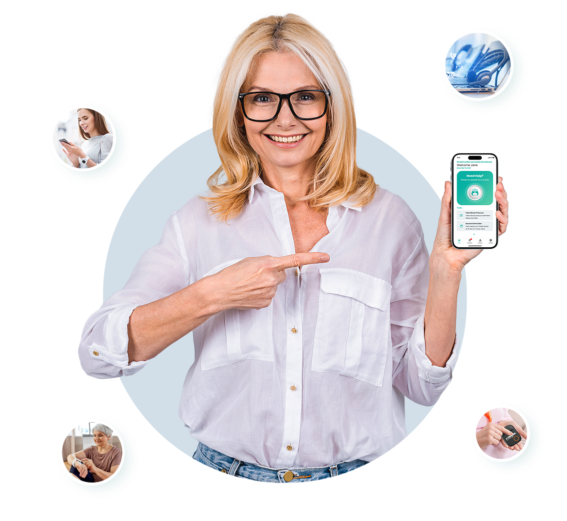a blonde woman pointing to her smartphone