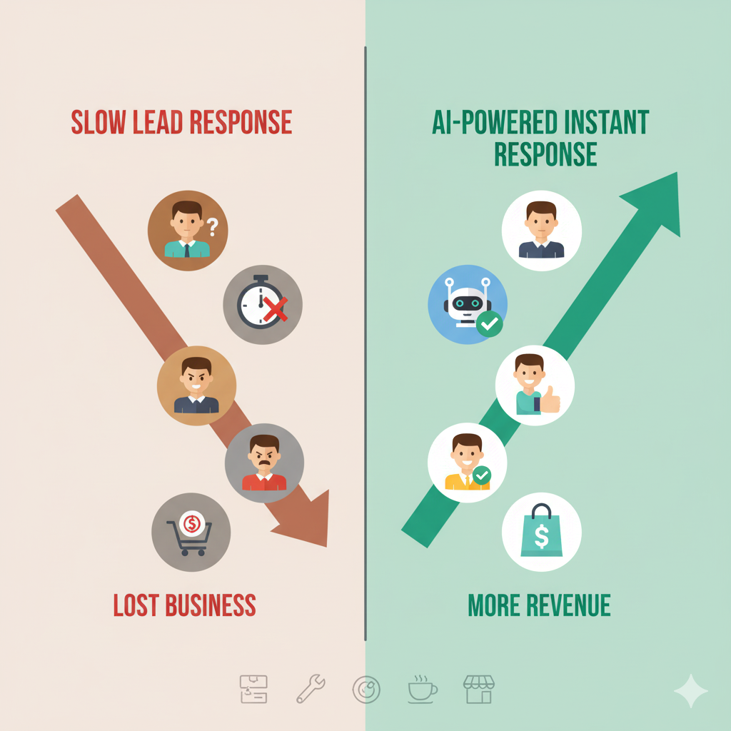 Side-by-side infographic showing slow lead response leading to lost customers versus AI-powered instant response leading to conversions.