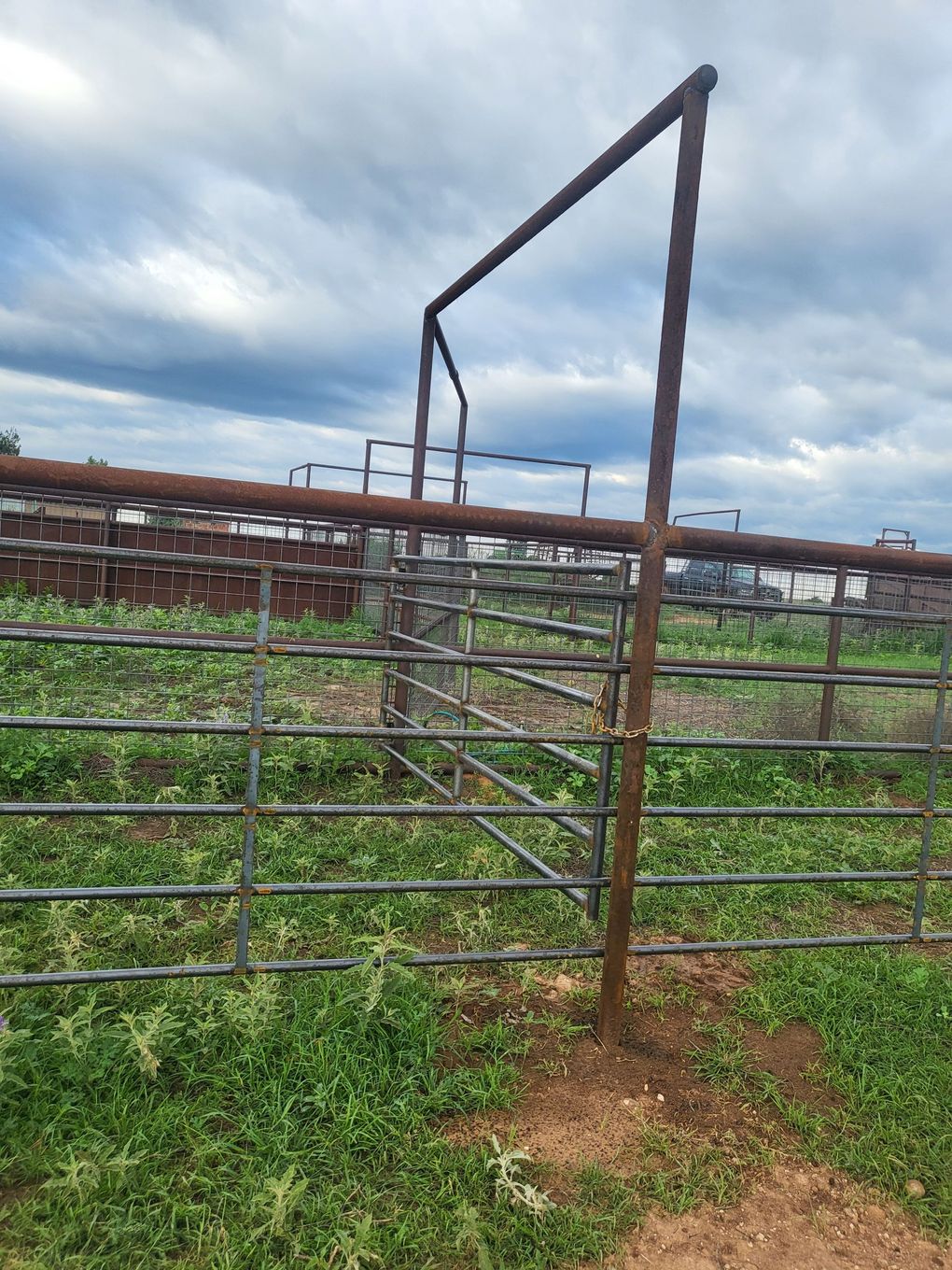Metal cattle fence with gate in a grassy field under a cloudy sky.