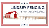 Logo for Lindsey Fencing with a barn and fence illustration, in red, white, and blue.