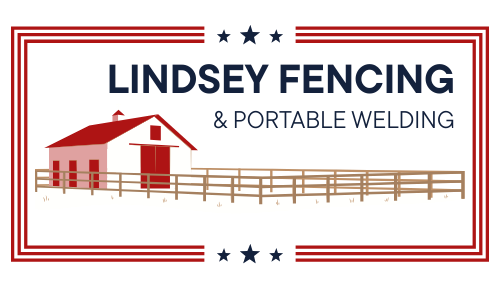 Logo for Lindsey Fencing with a barn and fence illustration, in red, white, and blue.
