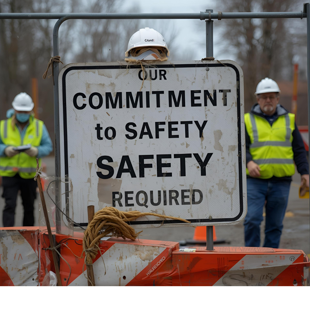 Construction workers near a sign that reads 
