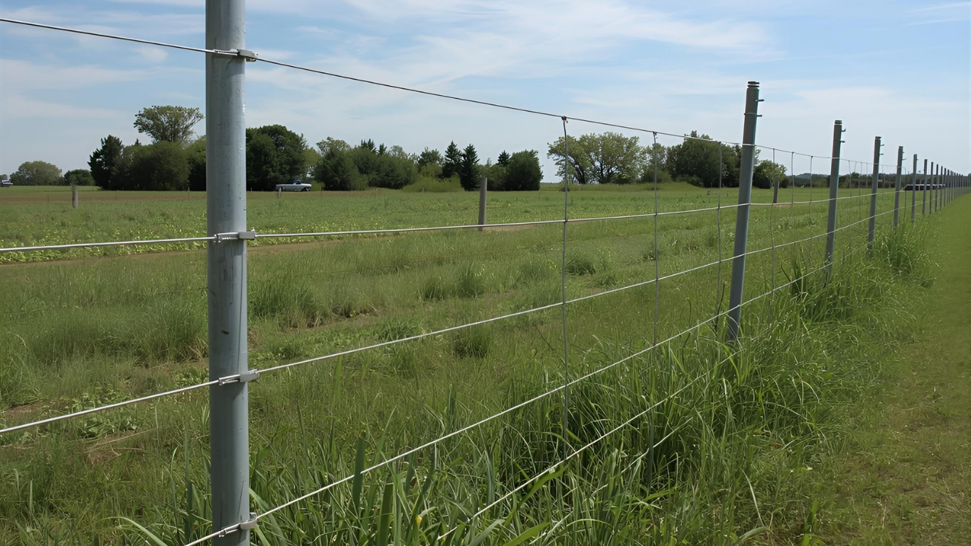Barbed-wire fence in a grassy field with gray posts, under a blue sky.