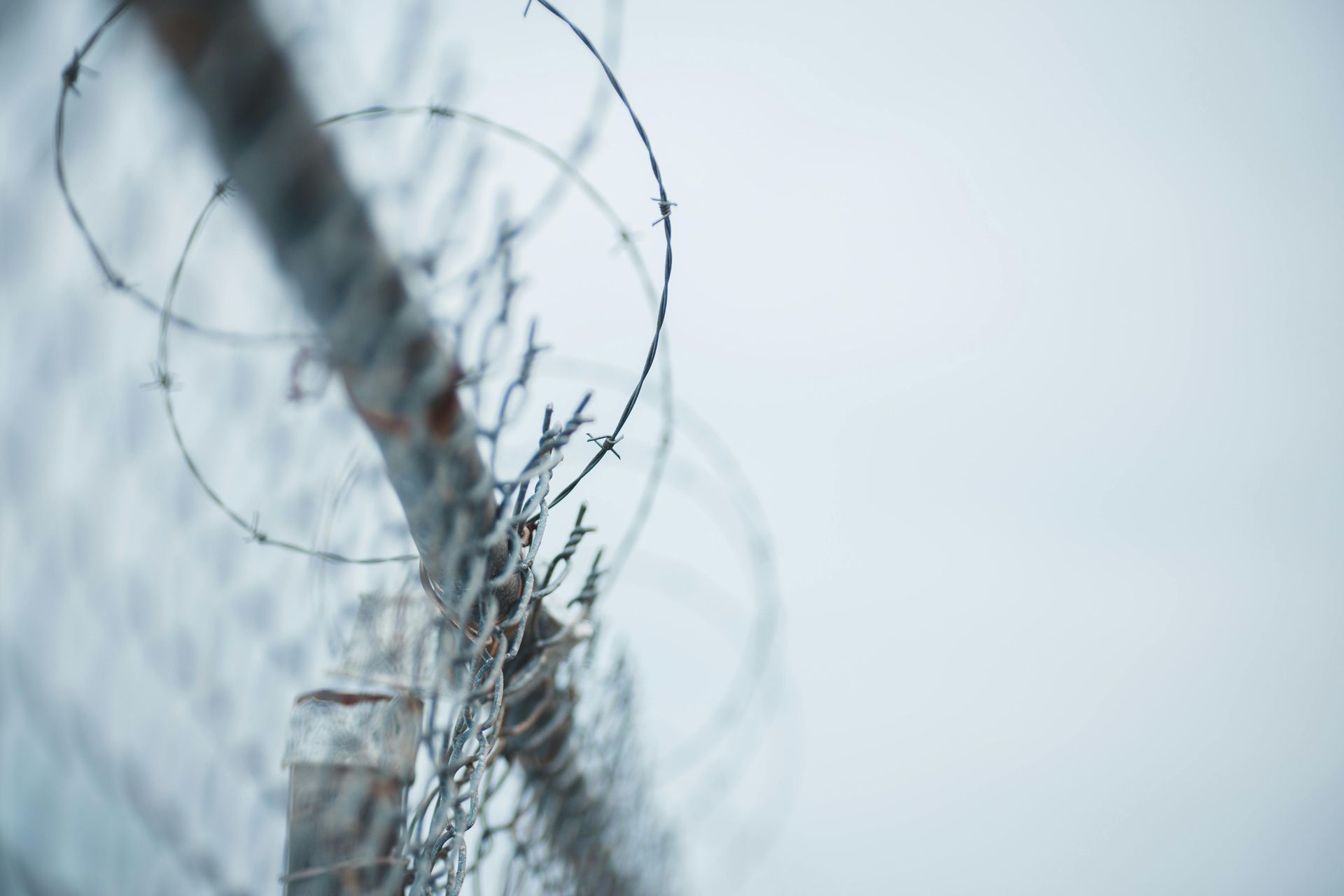 Barbed wire fence against a muted gray sky, suggesting restriction and confinement.