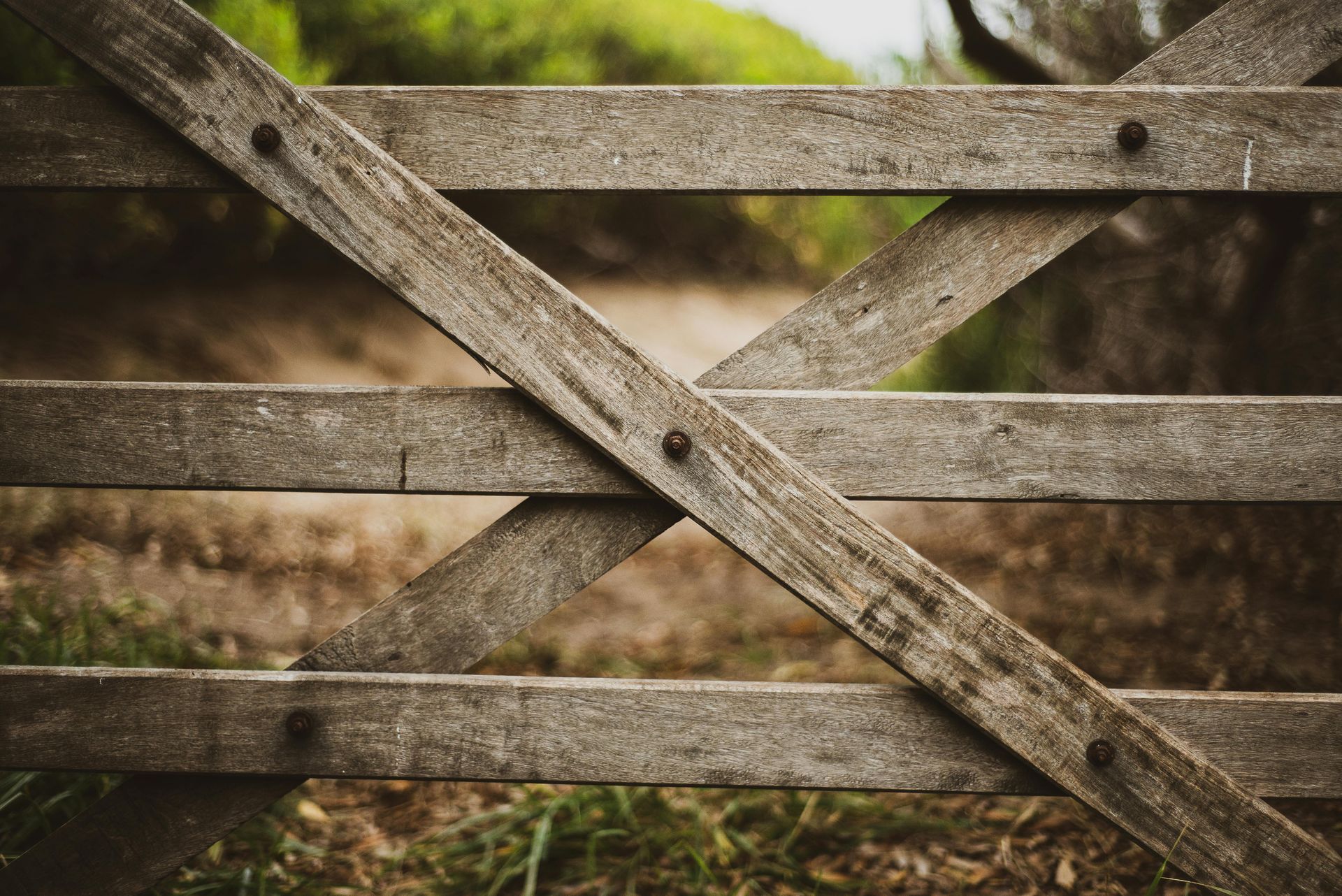 Wooden gate, weathered and worn, blocks a path in a natural setting.