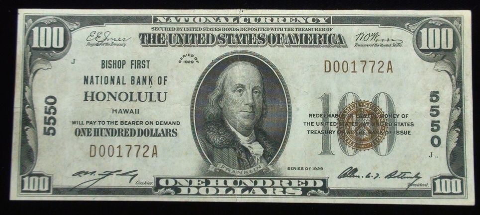 A 100-dollar bill from the National Bank of Honolulu.