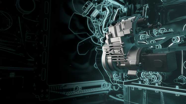 A computer generated image of a car engine on a black background.