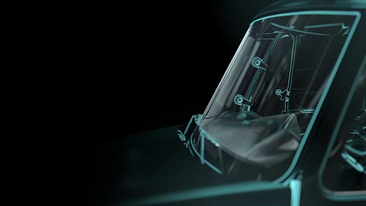 A close up of a helicopter cockpit on a black background.