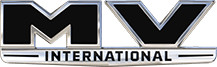 A logo for mv international is shown on a white background.