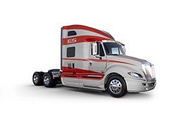 A red and white semi truck is parked on a white background.