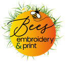 A logo for bees embroidery with a bee on it