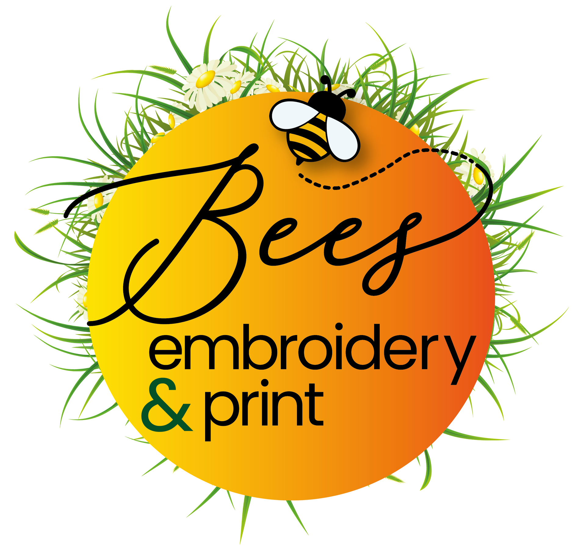 The logo for bees embroidery is surrounded by daisies and grass.