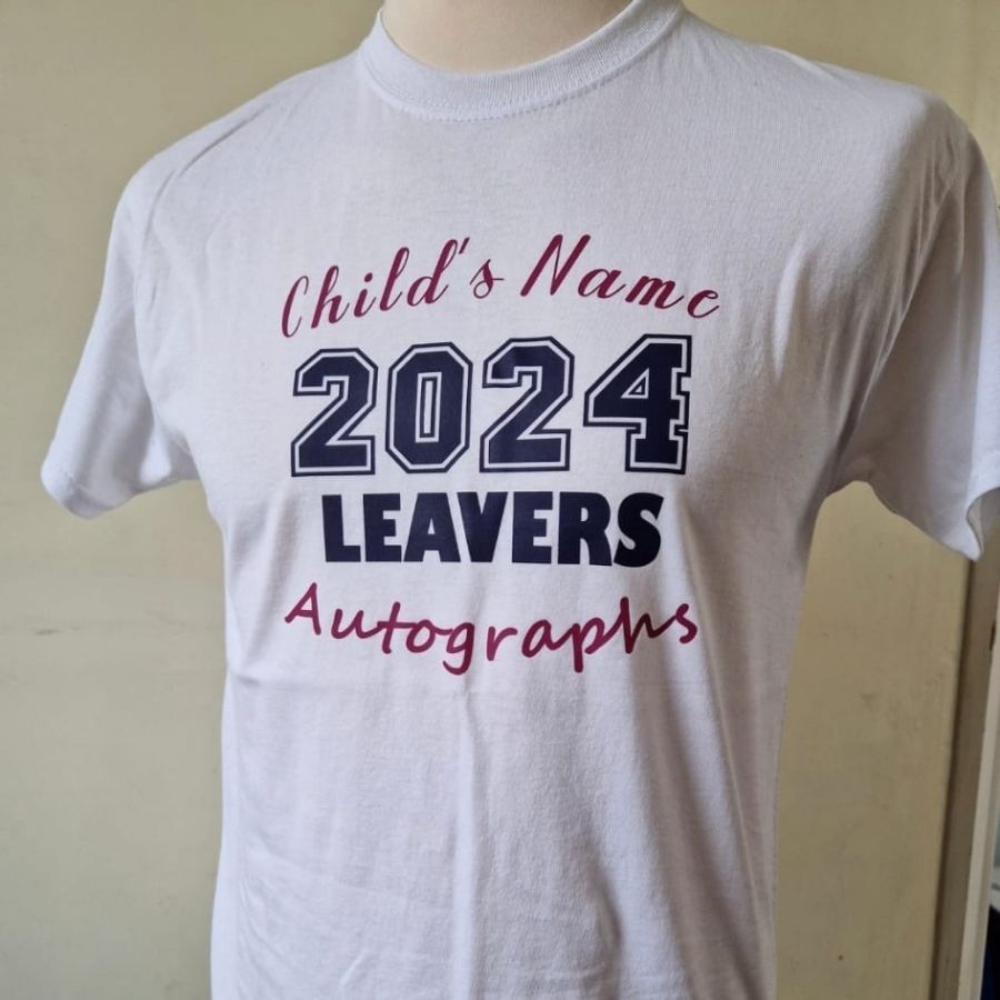 A white t-shirt that says child 's name 2024 leavers autographs