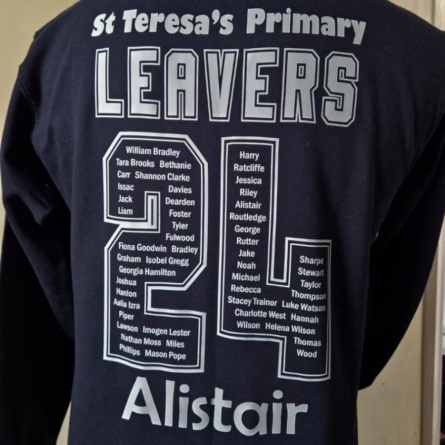 The back of a st teresa 's primary leavers sweatshirt