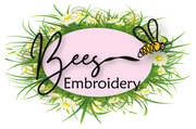 A logo for bees embroidery with a bee on it