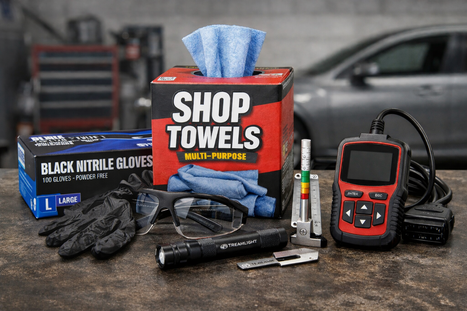 Shop tools and supplies: gloves, towels, safety glasses, scanner, flashlight, and more.