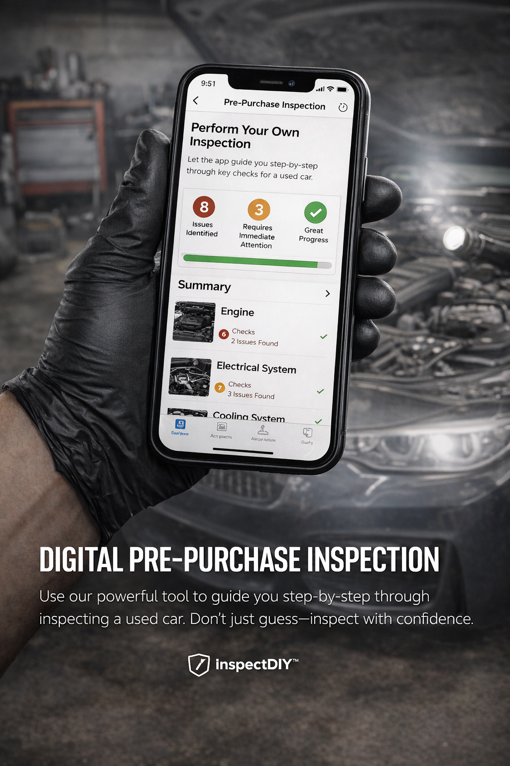 Black-gloved hand holding phone displaying a digital pre-purchase car inspection app. Car engine in the background.