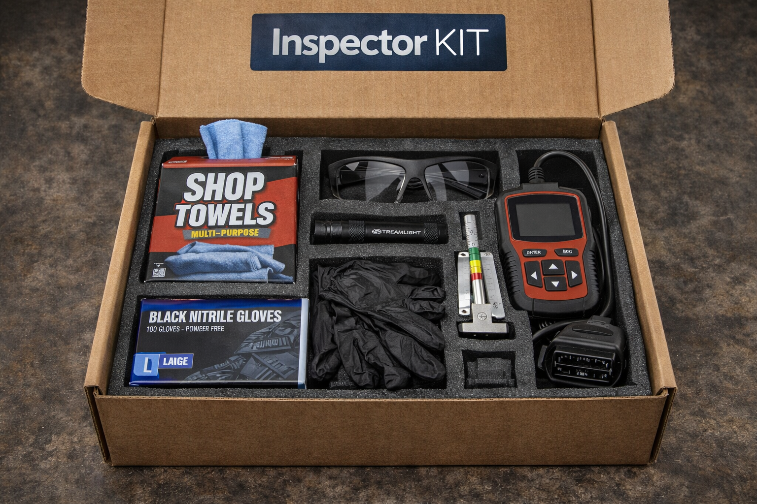 Inspector kit in a cardboard box, includes shop towels, safety glasses, gloves, scanner, and flashlight.