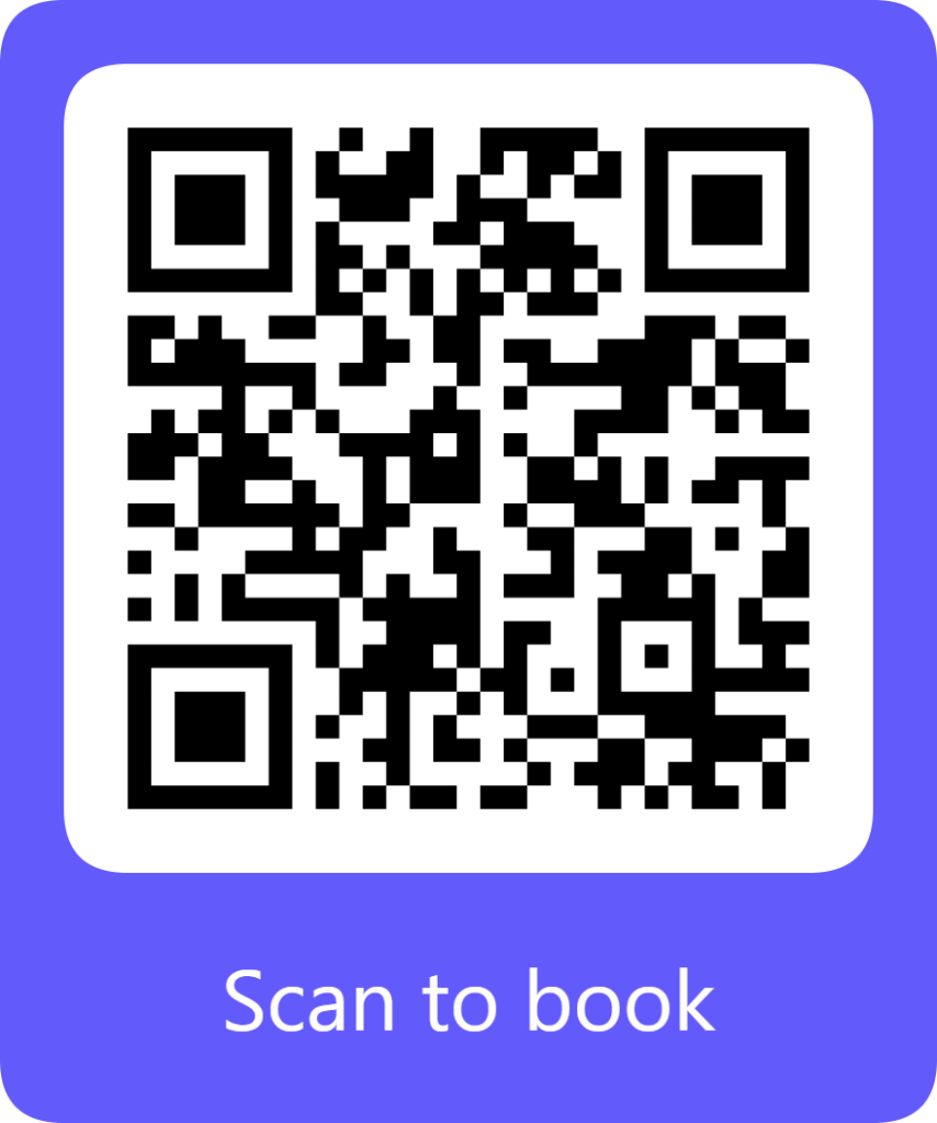 A qr code that says `` scan to book '' on it