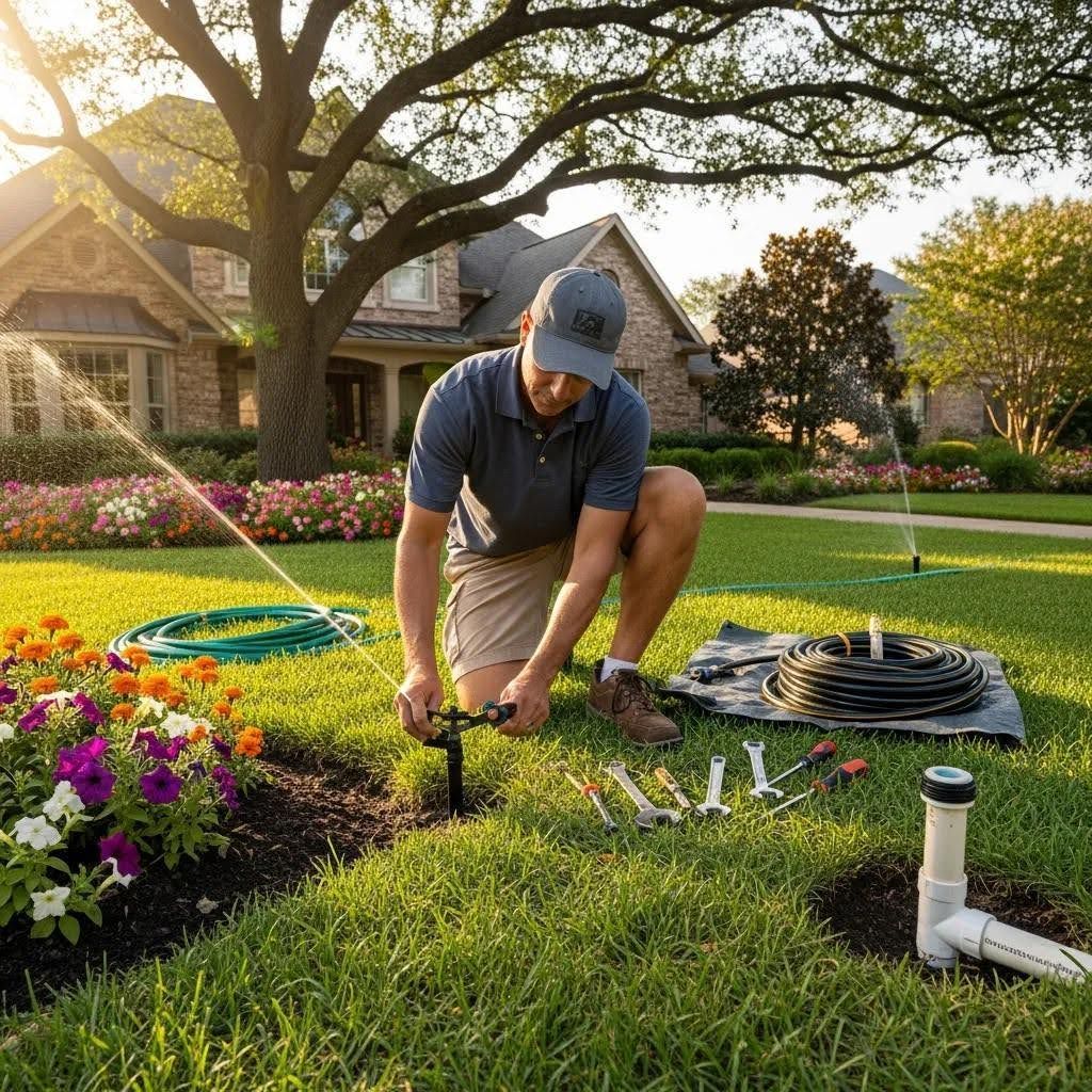 Irrigation technician adjusting a residential sprinkler head while repair tools and irrigation tubing sit nearby