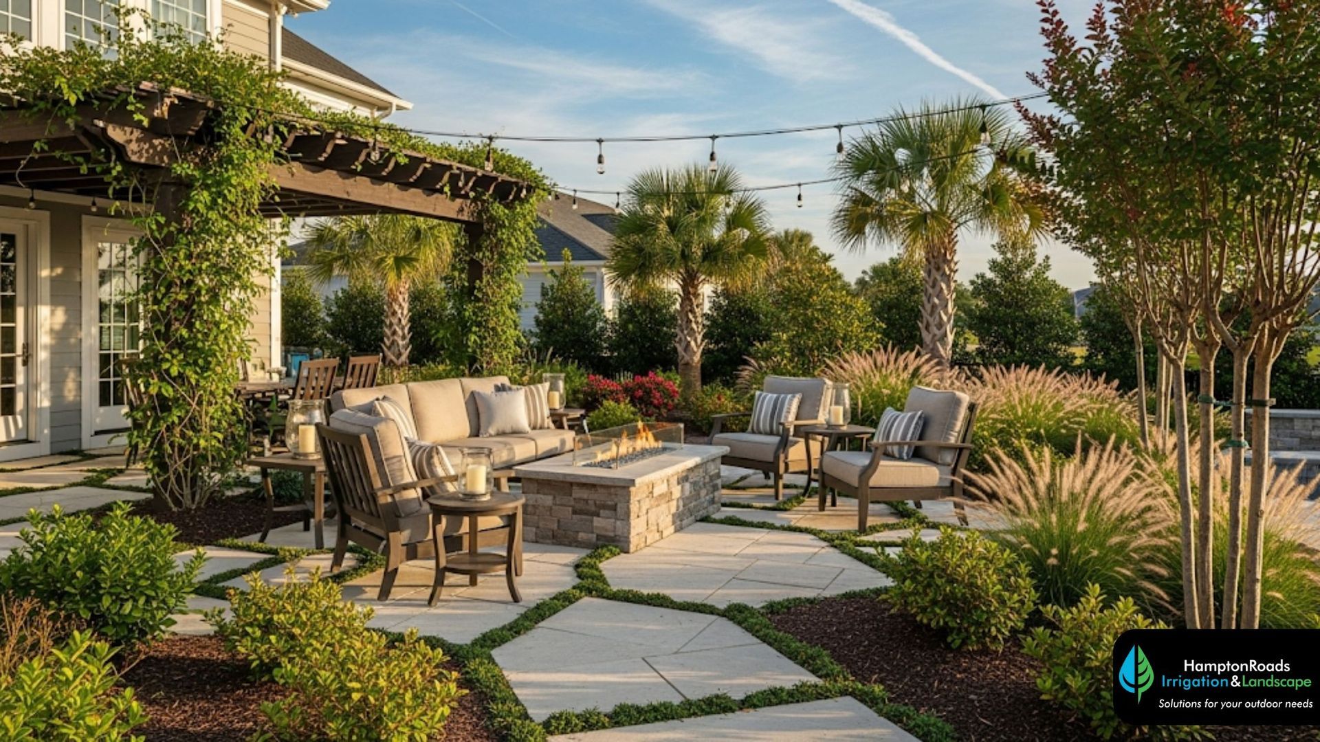 What are the essential design elements for an outdoor patio in Hampton Roads?