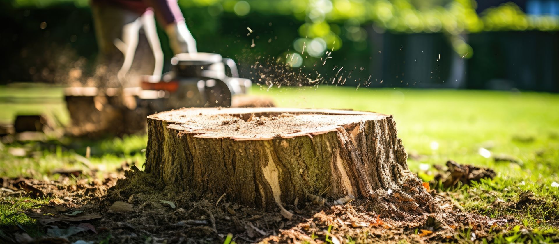 Person cutting large tree stump, showcasing professional logging equipment in action. Person cutting large tree stump, showcasing professional logging equipment in action.