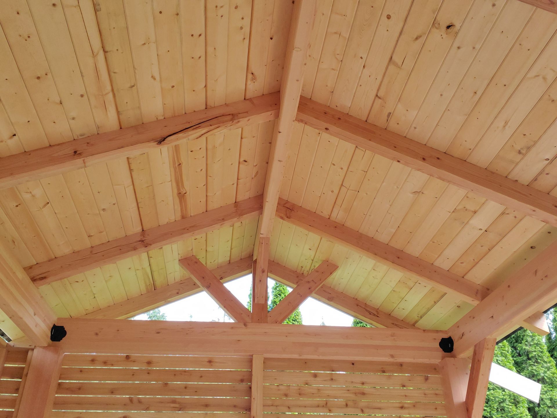 Wooden pavilion ceiling with exposed rafters and planking.