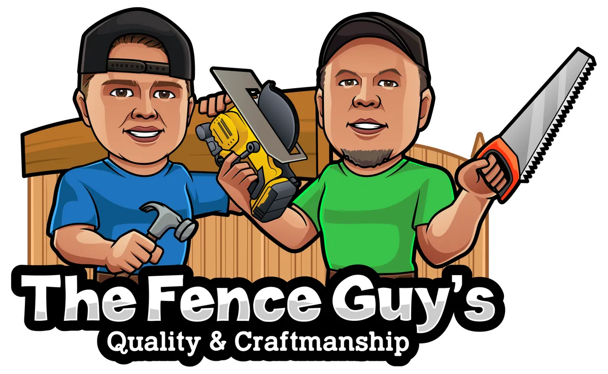 Two men holding tools by a wooden fence; logo for "The Fence Guys".