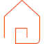 Orange house outline with a central spiral.