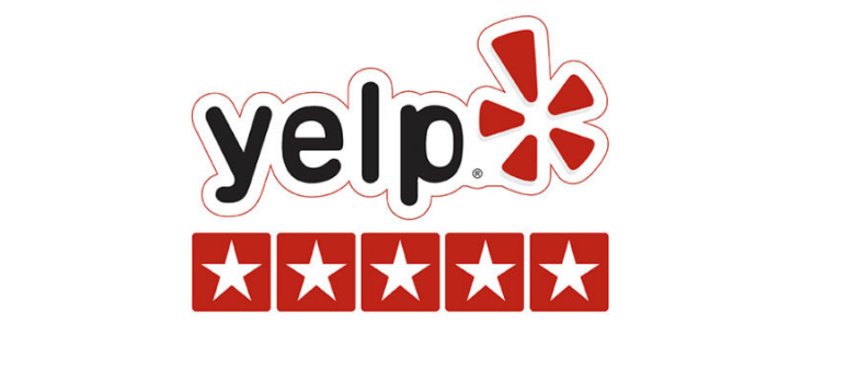 Yelp logo with five red stars, indicating a 5-star rating. The logo is red and white.