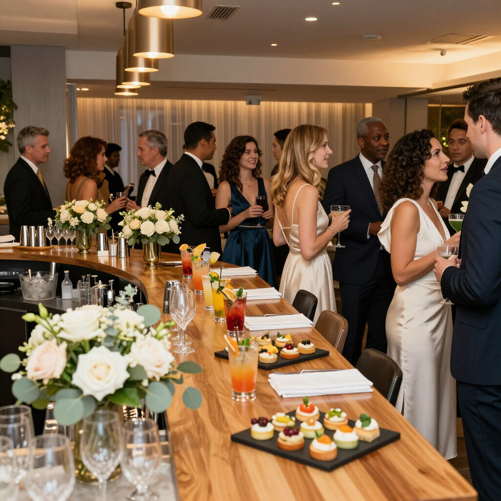 Les invités se mêlent lors d'un cocktail où boissons et hors-d'œuvre sont servis sur un long bar en bois dans une salle intérieure bien éclairée.
