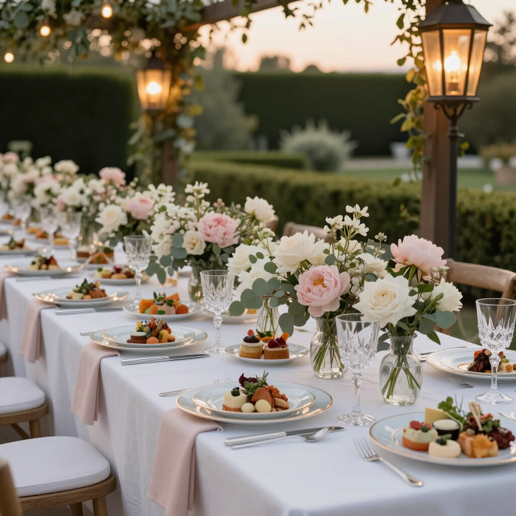 Une table à manger en plein air décorée de centres de table floraux, de verres en cristal et de petites assiettes à dessert au coucher du soleil.