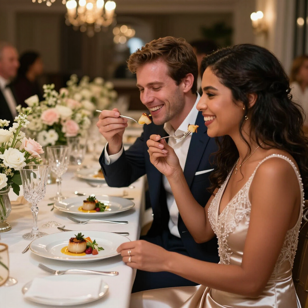 Un couple sourit en dînant lors d'une réception de mariage formelle, avec des centres de table floraux blancs et de la verrerie en cristal.