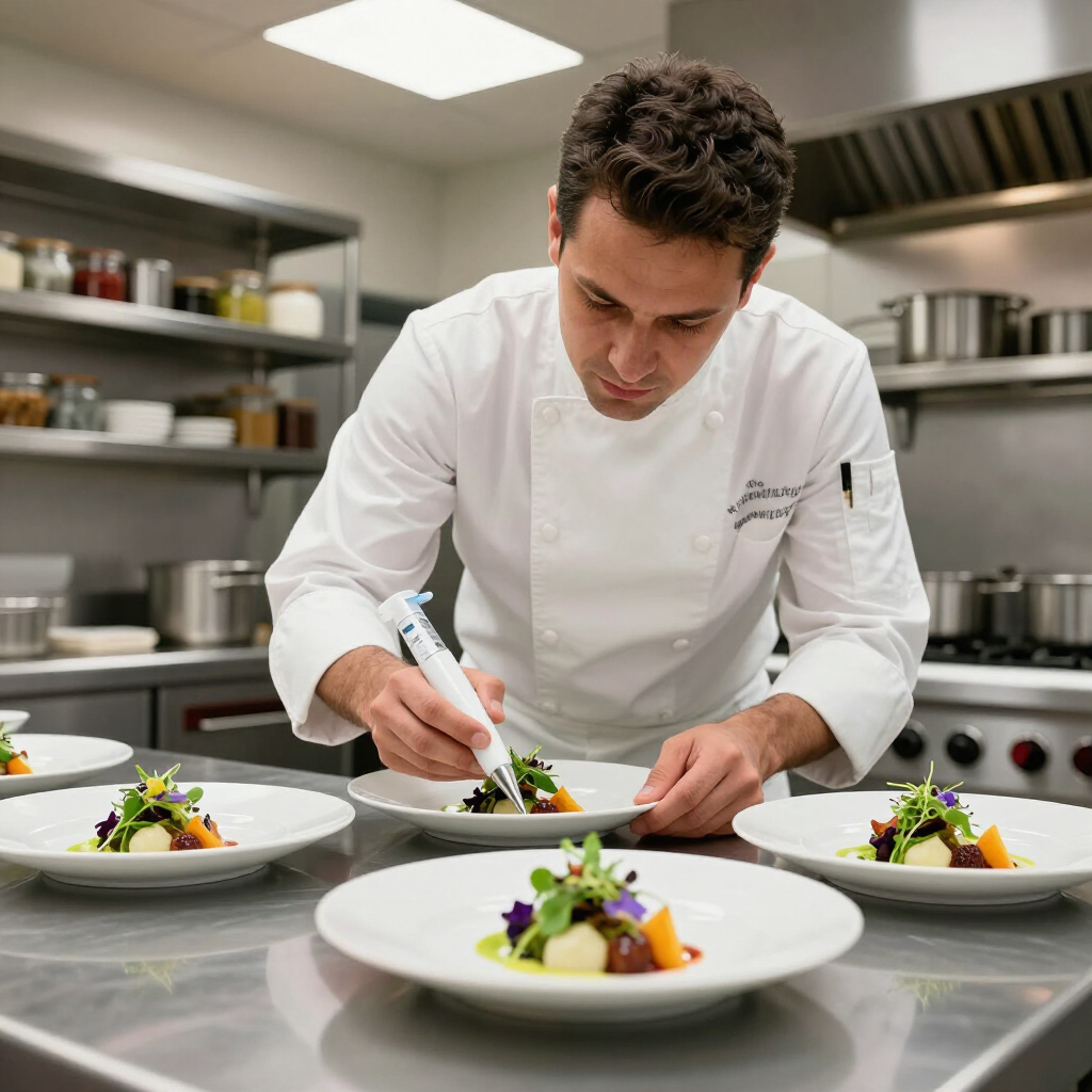 Dans une cuisine professionnelle, un chef utilise un outil de précision pour garnir une assiette.