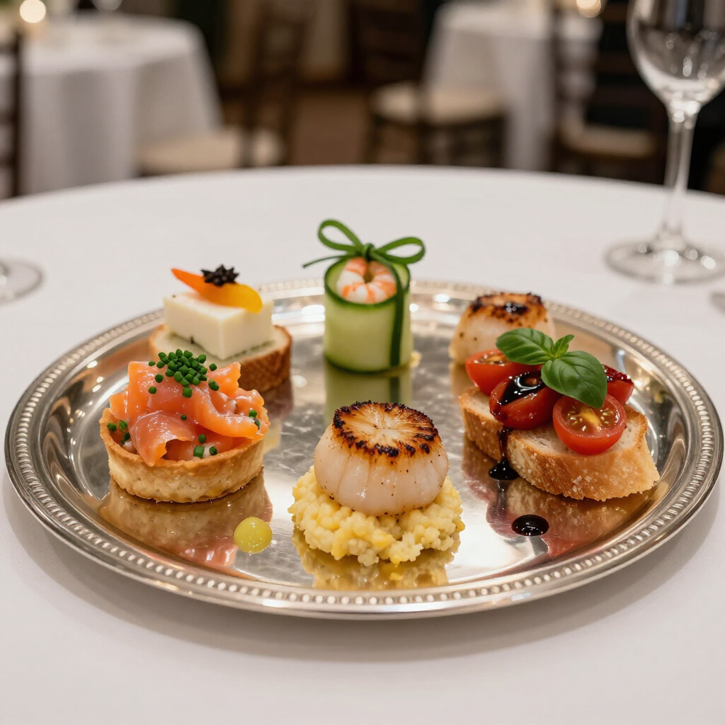 Sur une table, un plateau en argent présente cinq amuse-bouche élégants, dont du saumon fumé, des pétoncles poêlés et des bruschettas.